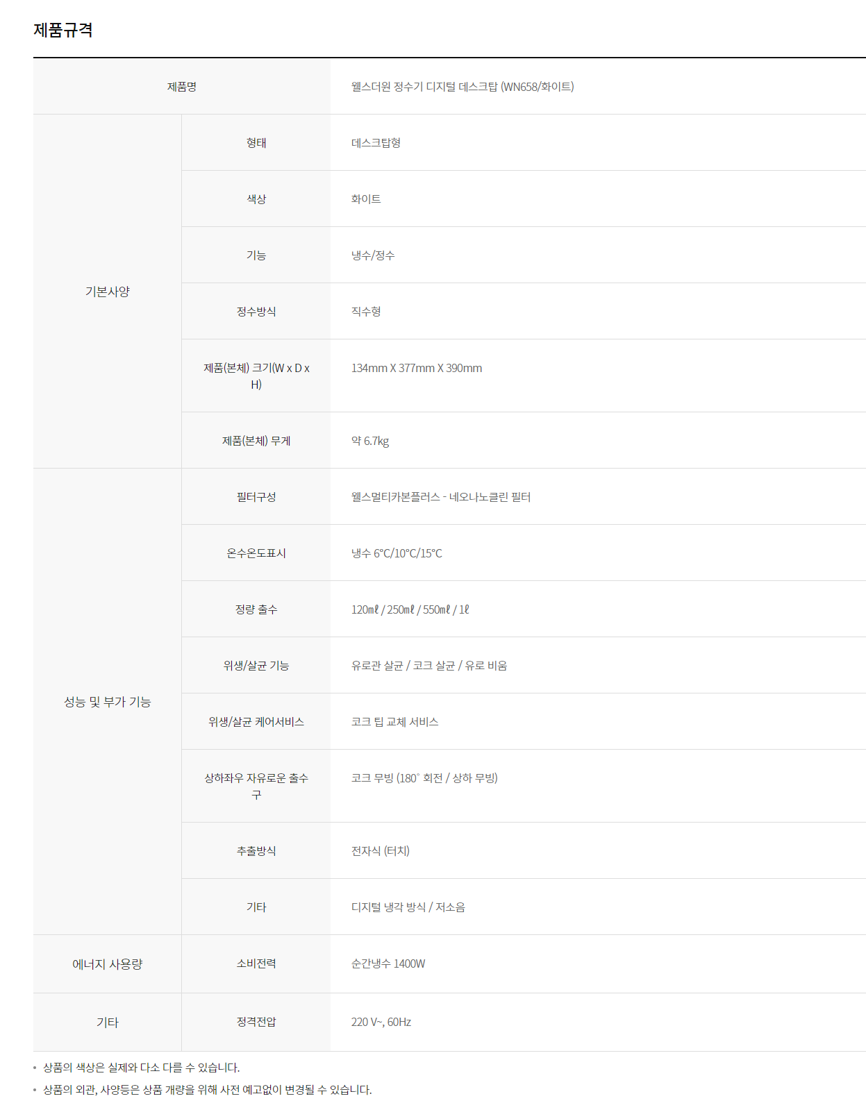 웰스 더원 디지털 데스크탑 냉정수기 (12개월 방문관리) 이미지 3